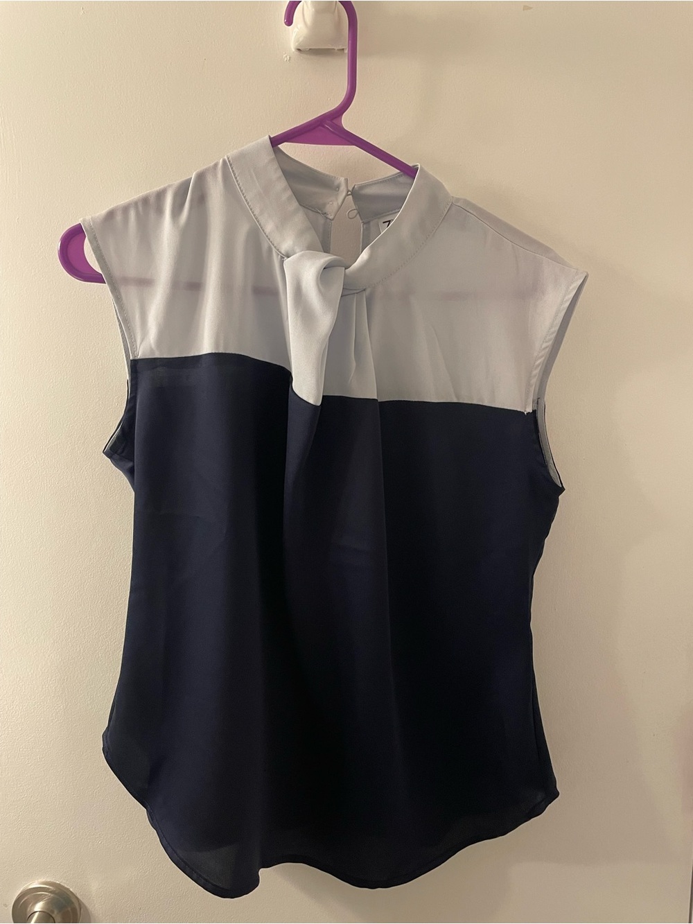 New York & Company Two-Tone Tie-Neck Sleeveless Blouse - Navy and Light Gray
